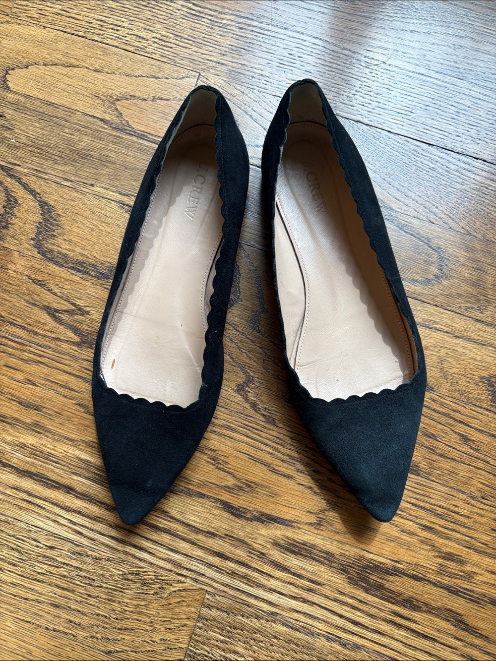 J. Crew Black Scalloped Pointed Toe Flats, 8, suede